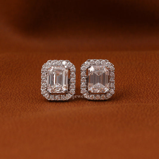Emerald Cut Lab Grown Diamond Halo Stud Earrings