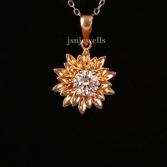 Round Cut Lab Grown Diamond Floral Solitaire Pendant Necklace