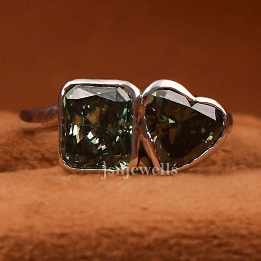 Green Radiant & Heart Cut Lab Grown Diamond Bezel Two Stone Engagement Ring
