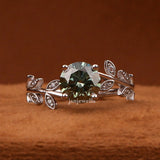 Green Round Cut Lab Grown Diamond Vintage Leaf Engagement Ring