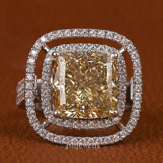 Yellow Cushion Cut Lab Grown Diamond Double Halo & Double Pave Engagement Ring