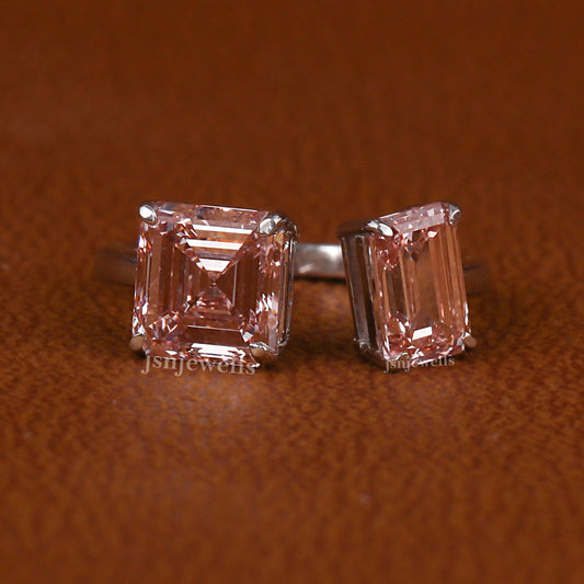 Pink Asscher & Emerald Cut Lab Grown Diamond Two Stone Engagement Ring