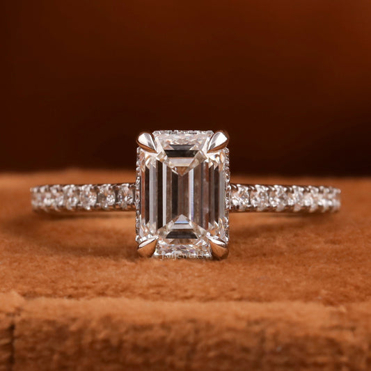 Emerald Cut Lab Grown Diamond Hidden Halo & Pave Engagement Ring
