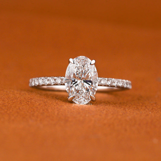 Oval Cut Lab Grown Diamond Engagement Ring – Hidden Halo & Pave Setting