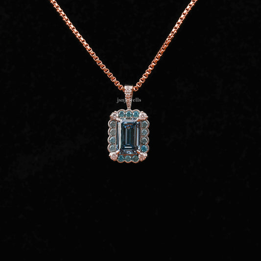 Blue Emerald Cut Lab Grown Diamond Halo Pendant Necklace