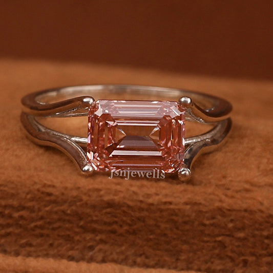 East West Pink Emerald Cut Lab Grown Diamond Split Shank Solitaire Engagement Ring