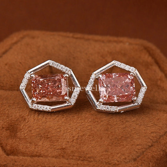 Pink Radiant Cut Lab Grown Diamond Dainty Halo Stud Earrings