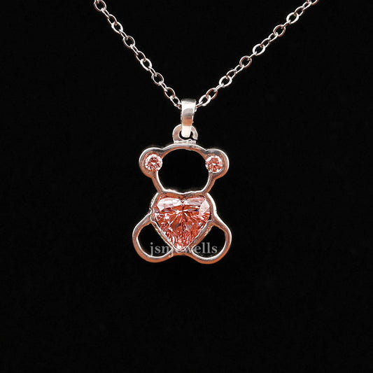 Pink Heart Shape Lab Grown Diamond Teddy Bear Style Pendant Necklace
