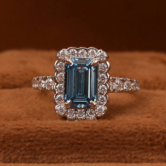 Blue Emerald Cut Lab Grown Diamond Halo with Pave Engagement Ring