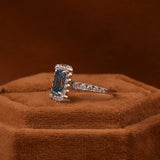 Blue Emerald Cut Lab Grown Diamond Halo with Pave Engagement Ring