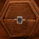 Blue Emerald Cut Lab Grown Diamond Halo with Pave Engagement Ring