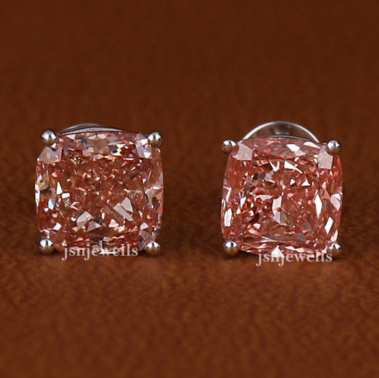 Pink Cushion Cut Lab Grown Diamond Solitaire Stud Earrings