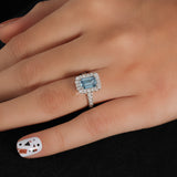 Blue Emerald Cut Lab Grown Diamond Halo with Pave Engagement Ring