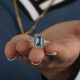 Blue Emerald Cut Lab Grown Diamond Halo with Pave Engagement Ring