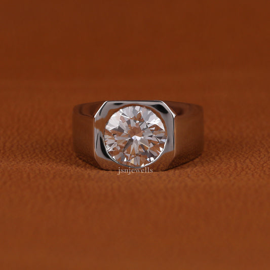 Round Cut Lab Grown Diamond Bezel Solitaire Men's Ring