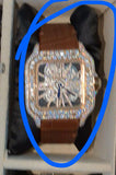 Customized Round Cut Moissanite Diamond Half Iced out Brown Leather Stainless Steel Watch