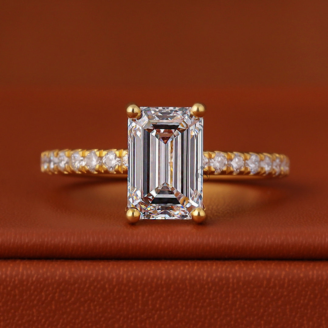 2.0 Carat Emerald Cut Lab Grown Diamond Pave Engagement Ring IGI Certified Solid Gold Ring
