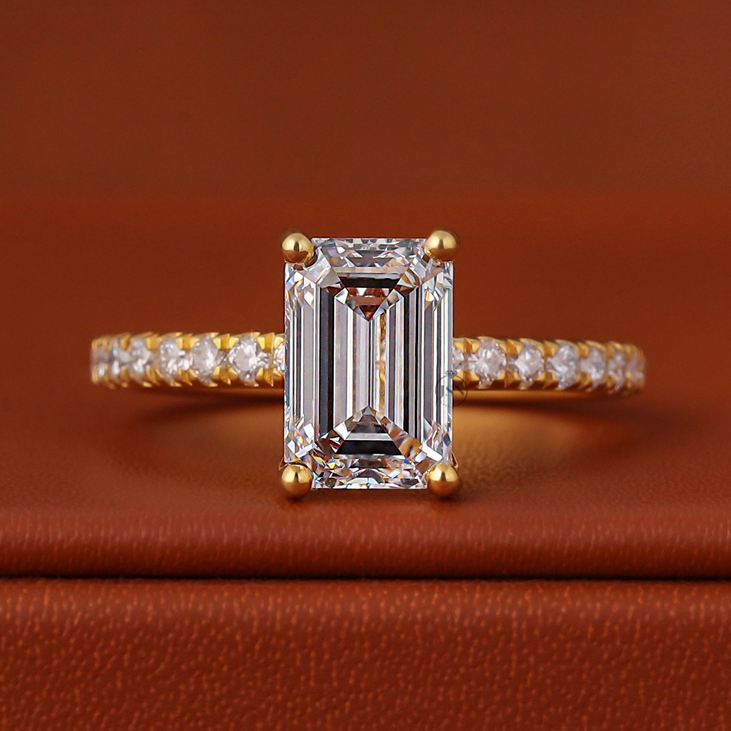 2.0 Carat Emerald Cut Lab Grown Diamond Pave Engagement Ring IGI Certified Solid Gold Ring