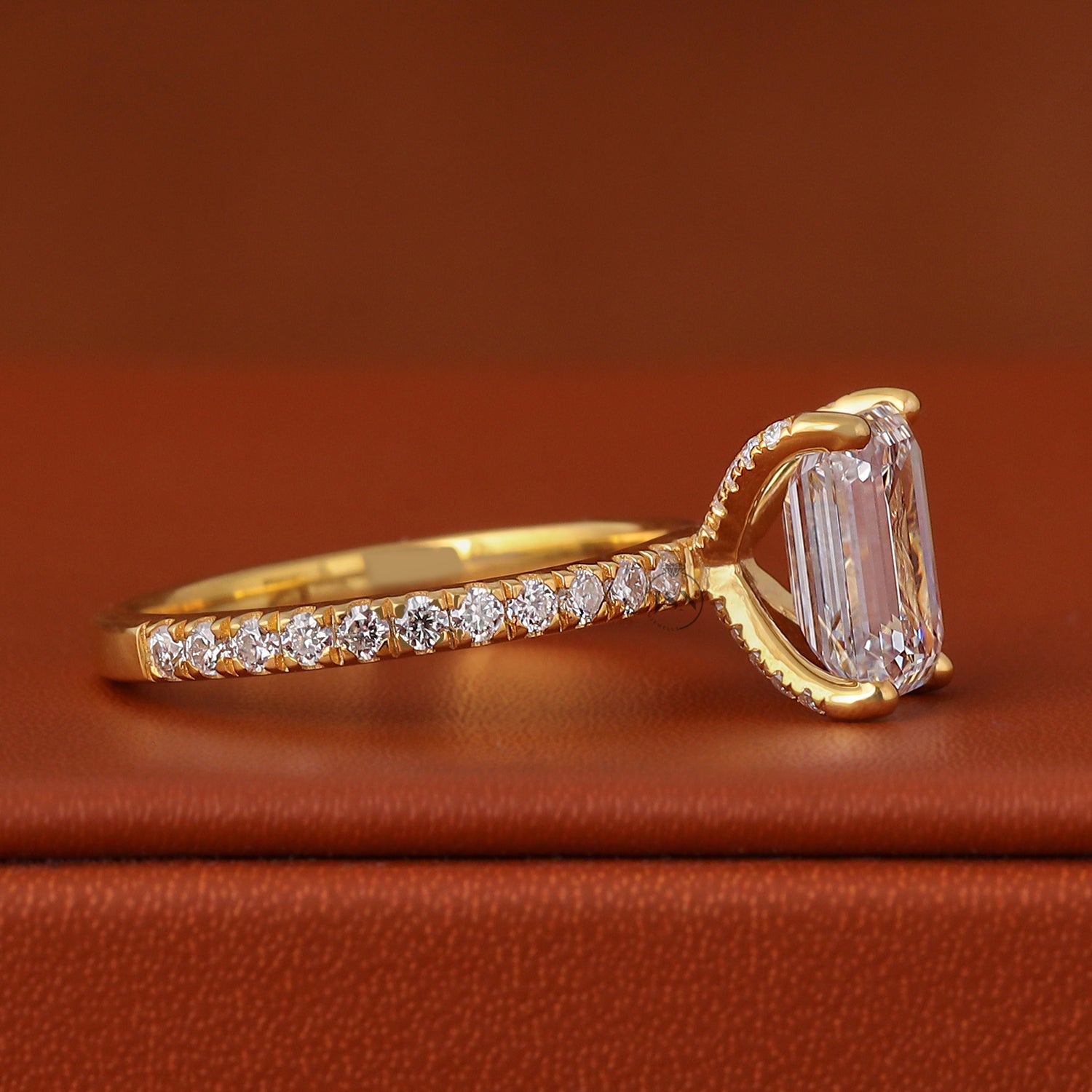 2.0 Carat Emerald Cut Lab Grown Diamond Pave Engagement Ring IGI Certified Solid Gold Ring