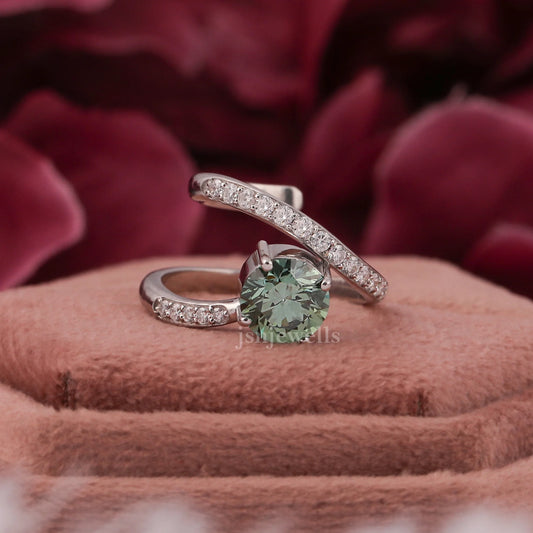 1.25 Carats Green Round Cut CVD Diamond Double Band Pave Ring