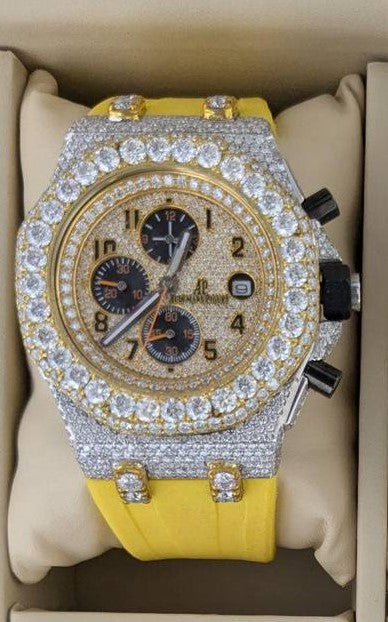 Customized Round Cut Moissanite Diamond 2 Half Iced out Yellow & Black Rubber Stainless Steel Watch