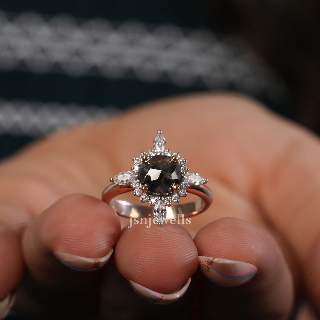 1 Carat Cushion Cut Salt and Pepper Diamond Cluster Engagement Ring