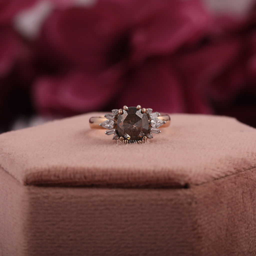 1 Carat Cushion Cut Salt and Pepper Diamond Cluster Engagement Ring