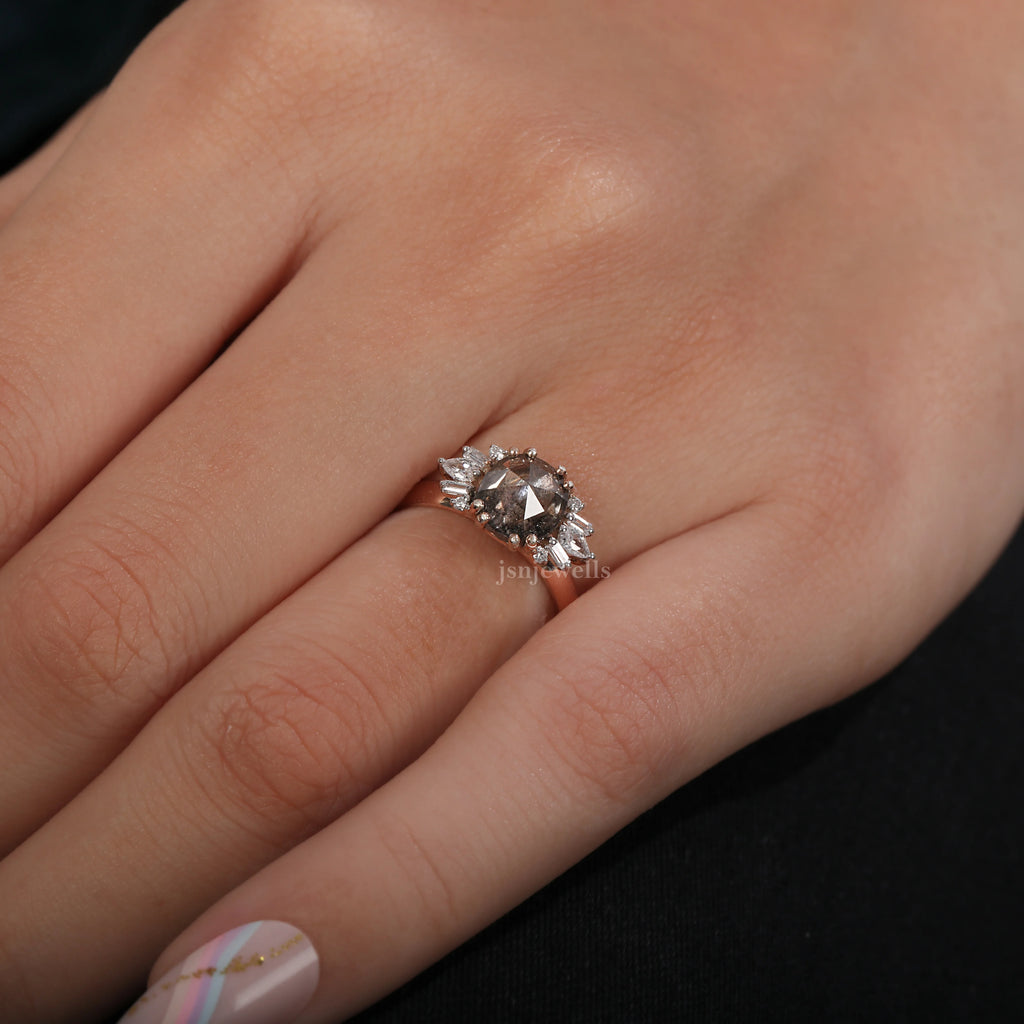 1 Carat Cushion Cut Salt and Pepper Diamond Cluster Engagement Ring