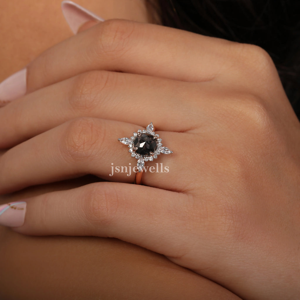 1 Carat Cushion Cut Salt and Pepper Diamond Cluster Engagement Ring