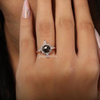 1 Carat Cushion Cut Salt and Pepper Diamond Cluster Engagement Ring