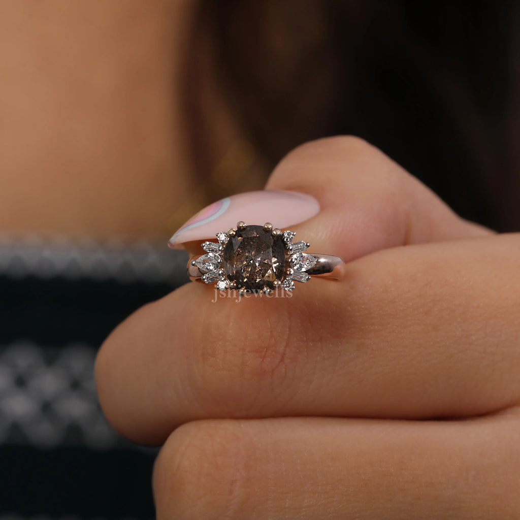 1 Carat Cushion Cut Salt and Pepper Diamond Cluster Engagement Ring