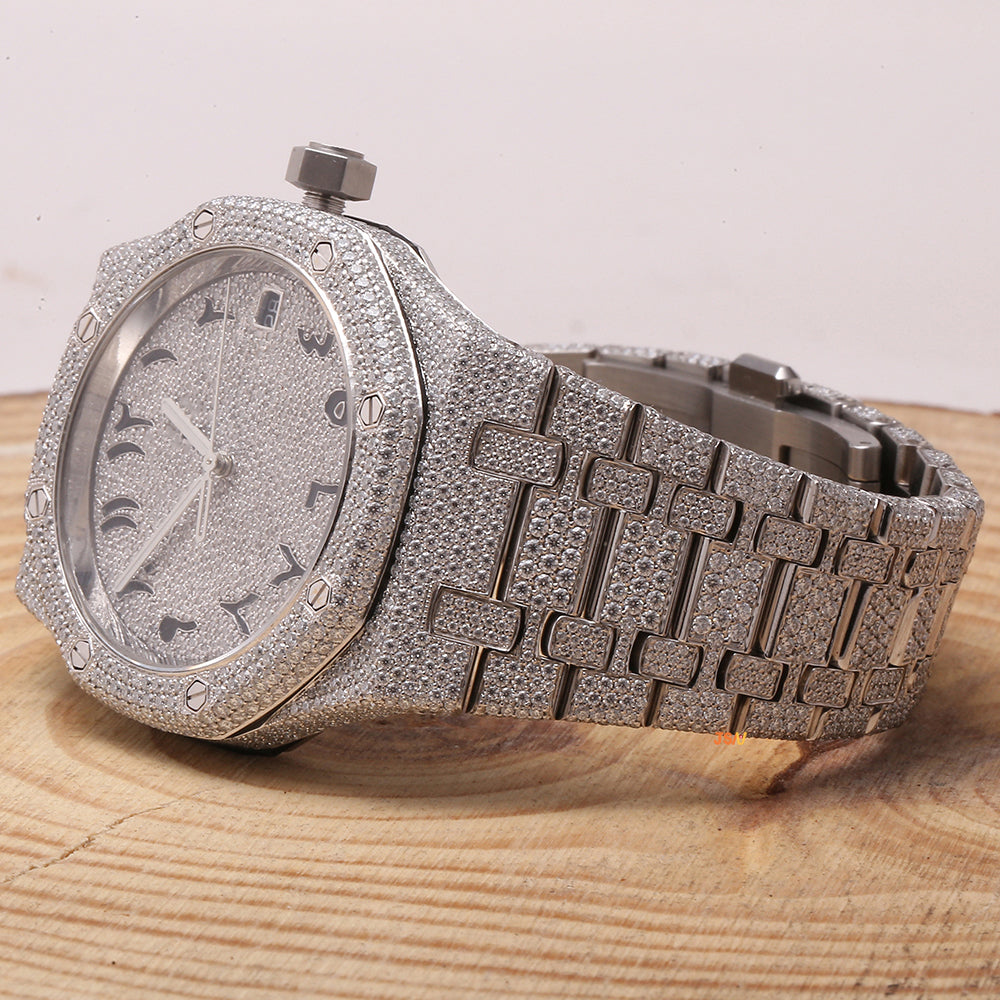 Hip Hop Style Moissanite Micro Pave Stainless Steel Automatic Wrist Watch