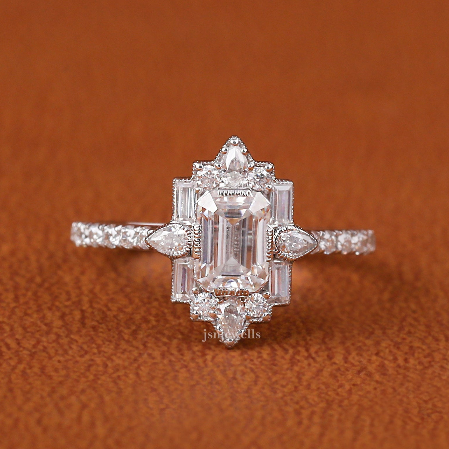 Lab Grown Emerald Cut Diamond Cluster Halo Engagement Ring