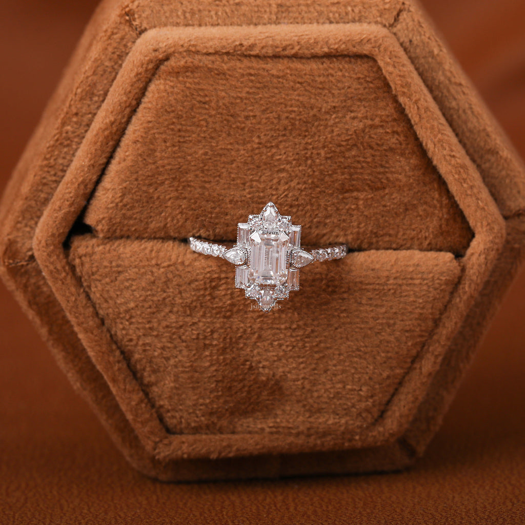 Lab Grown Emerald Cut Diamond Cluster Halo Engagement Ring