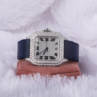 Moissanite Diamond Square Dial Half Iced Out Watch Blue Leather Belt