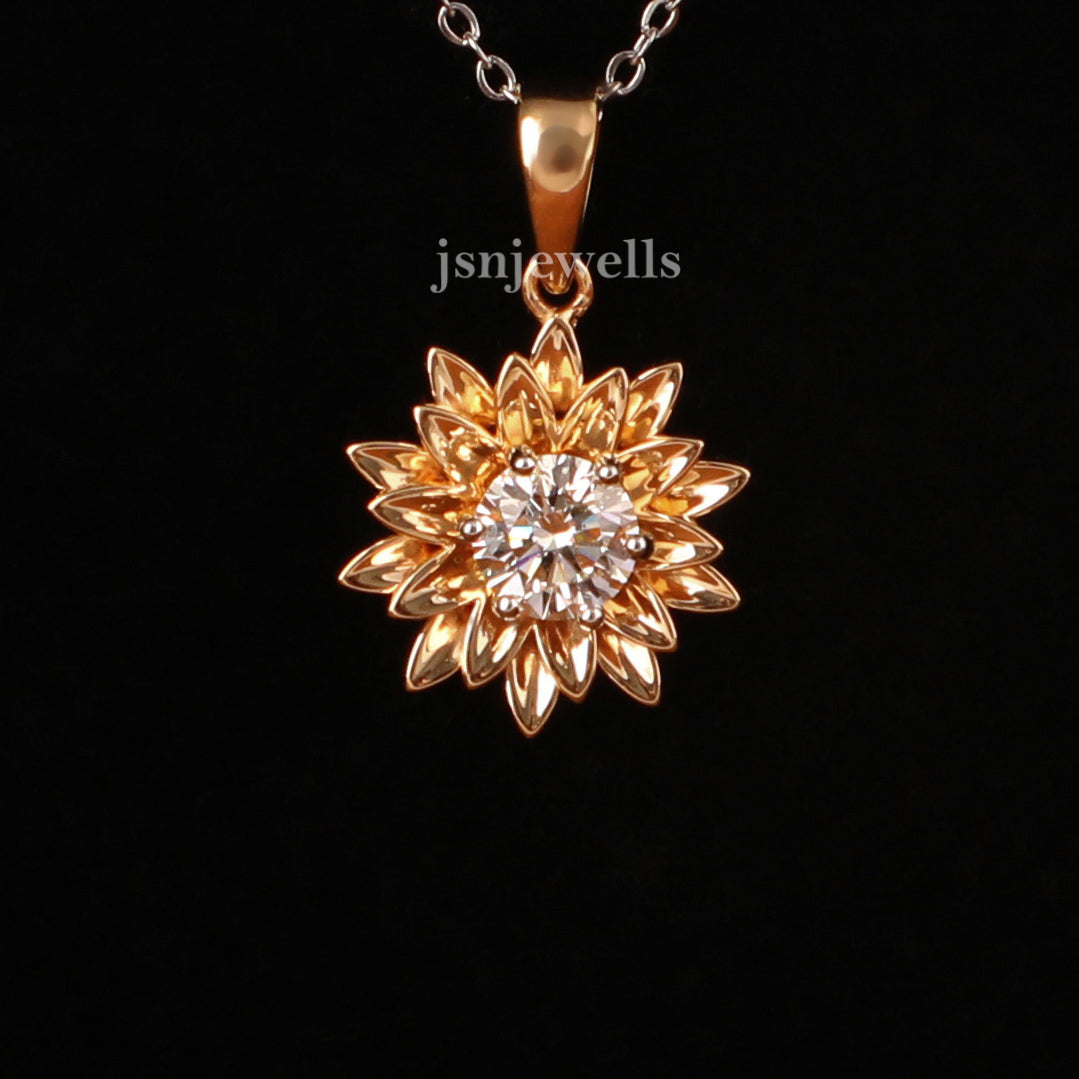 Round Cut Lab Grown Diamond Floral Solitaire Pendant Necklace