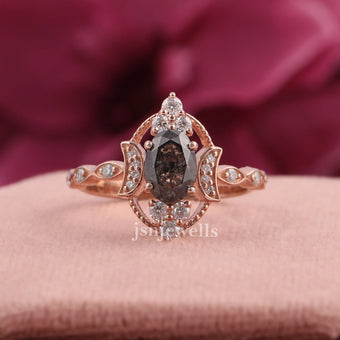 Rose Cut Oval Salt And Pepper Natural Diamond Ring