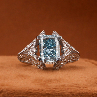 Blue Radiant Cut Fancy Lab Grown Diamond Art Deco Ring