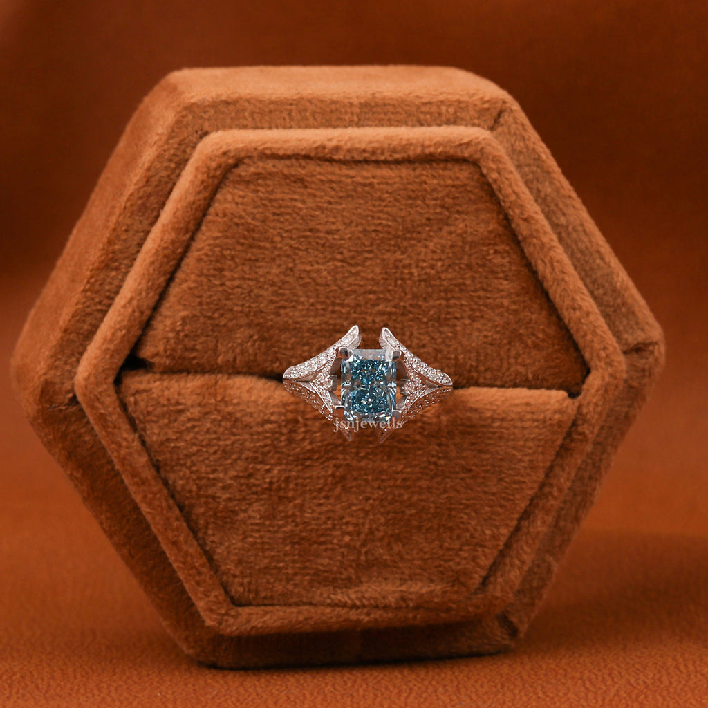 Blue Radiant Cut Fancy Lab Grown Diamond Art Deco Ring