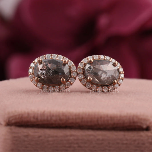 Salt And Pepper Rose Cut Oval Diamond Earrings / Lab Made Halo Diamond Studs - Anniversary Jewelry