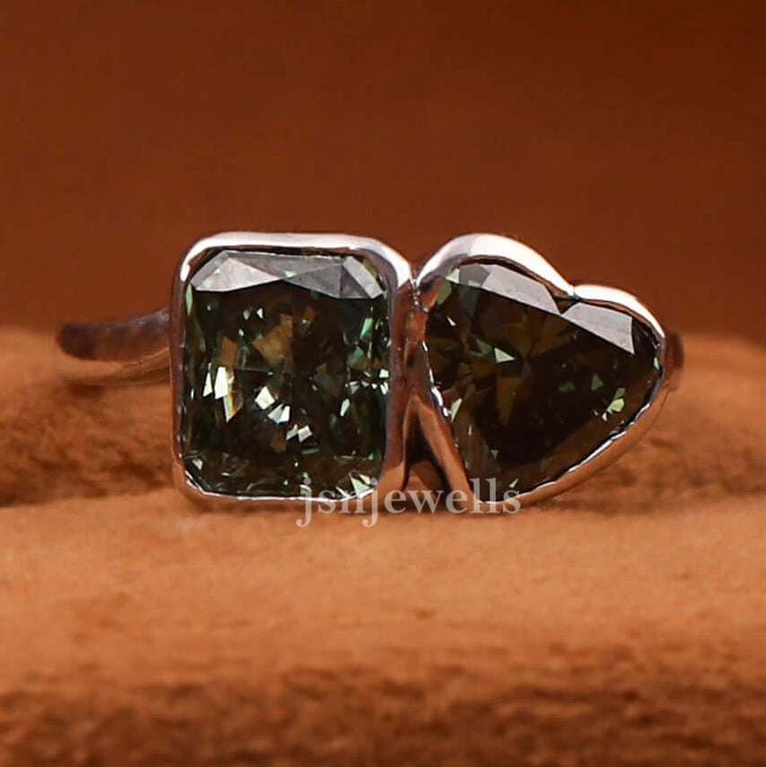 Green Radiant & Heart Cut Lab Grown Diamond Bezel Two Stone Engagement Ring