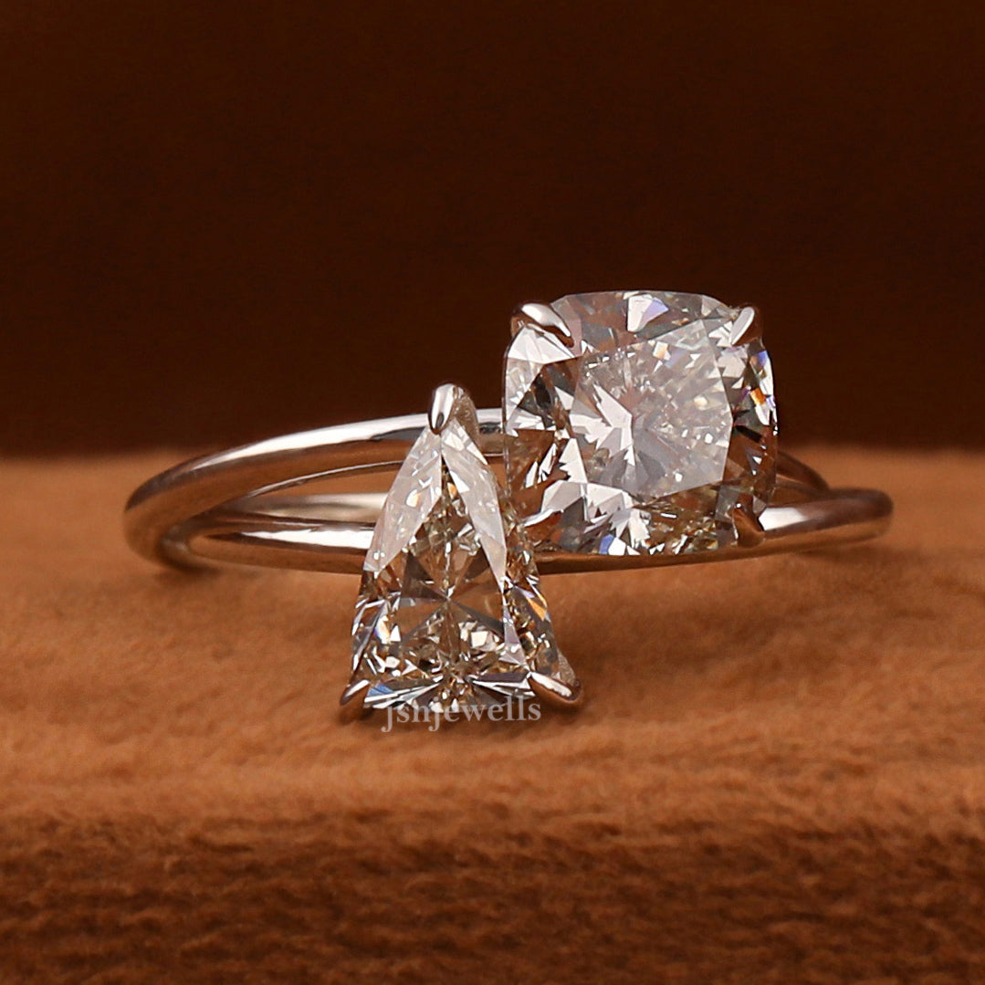 Pink Cushion & Trillion Cut Lab Grown Diamond Bypass Toi et Moi Engagement Ring