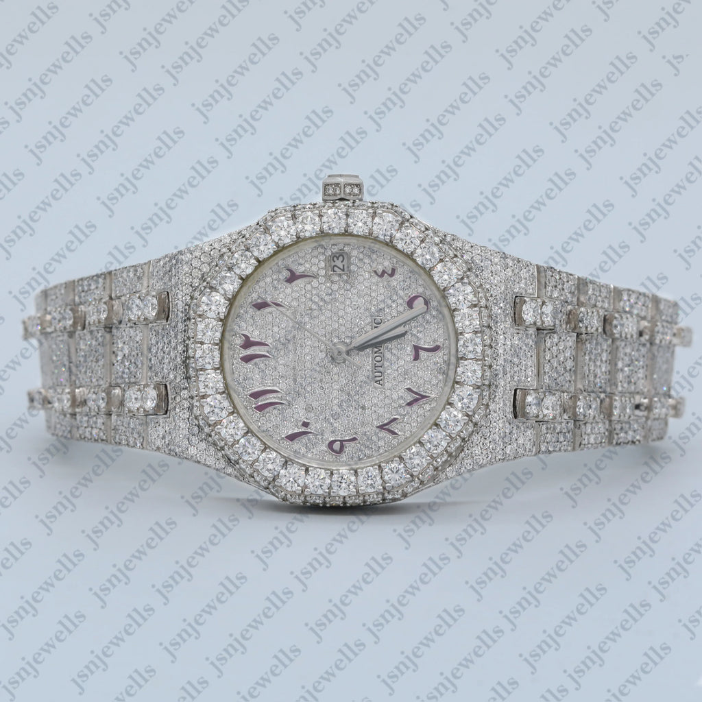 Hip Hop Style Micro Pave Moissanite Automatic Watch Fully Iced Out