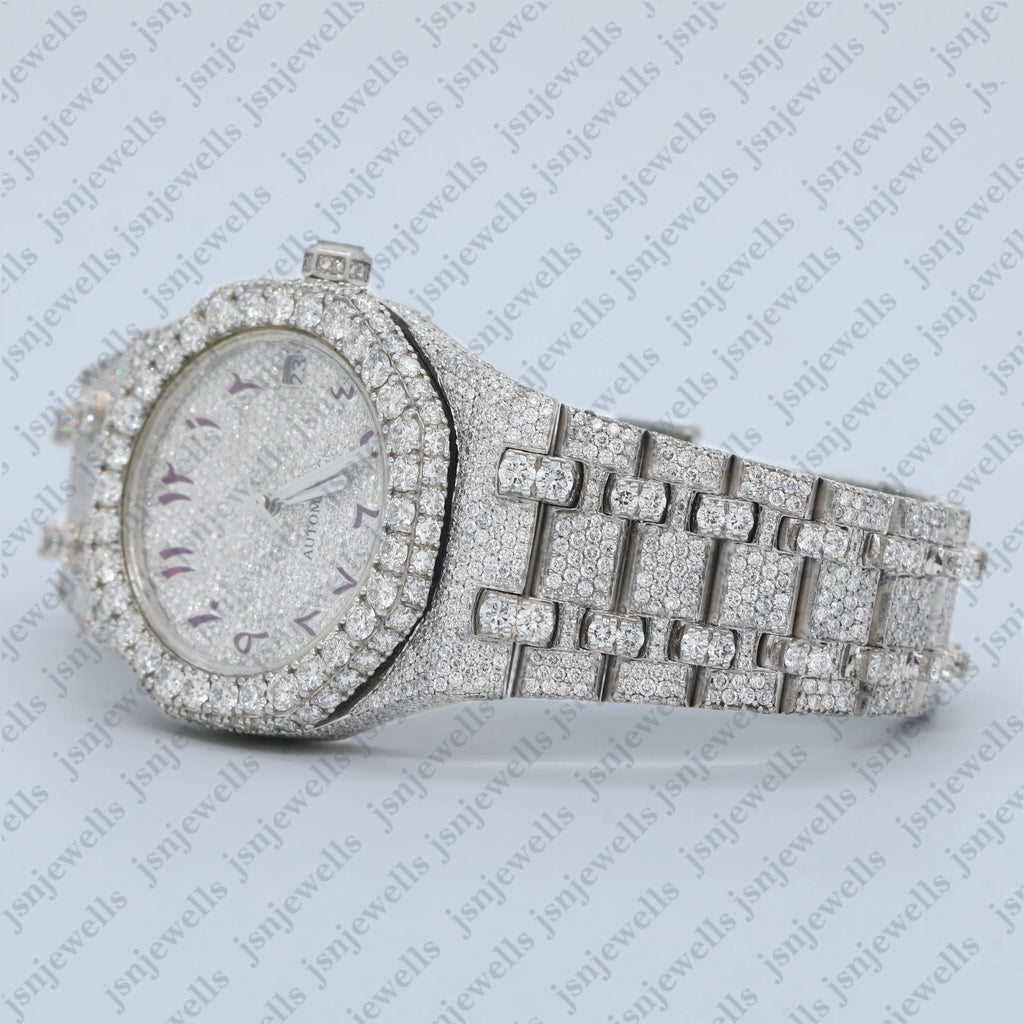 Hip Hop Style Micro Pave Moissanite Automatic Watch Fully Iced Out