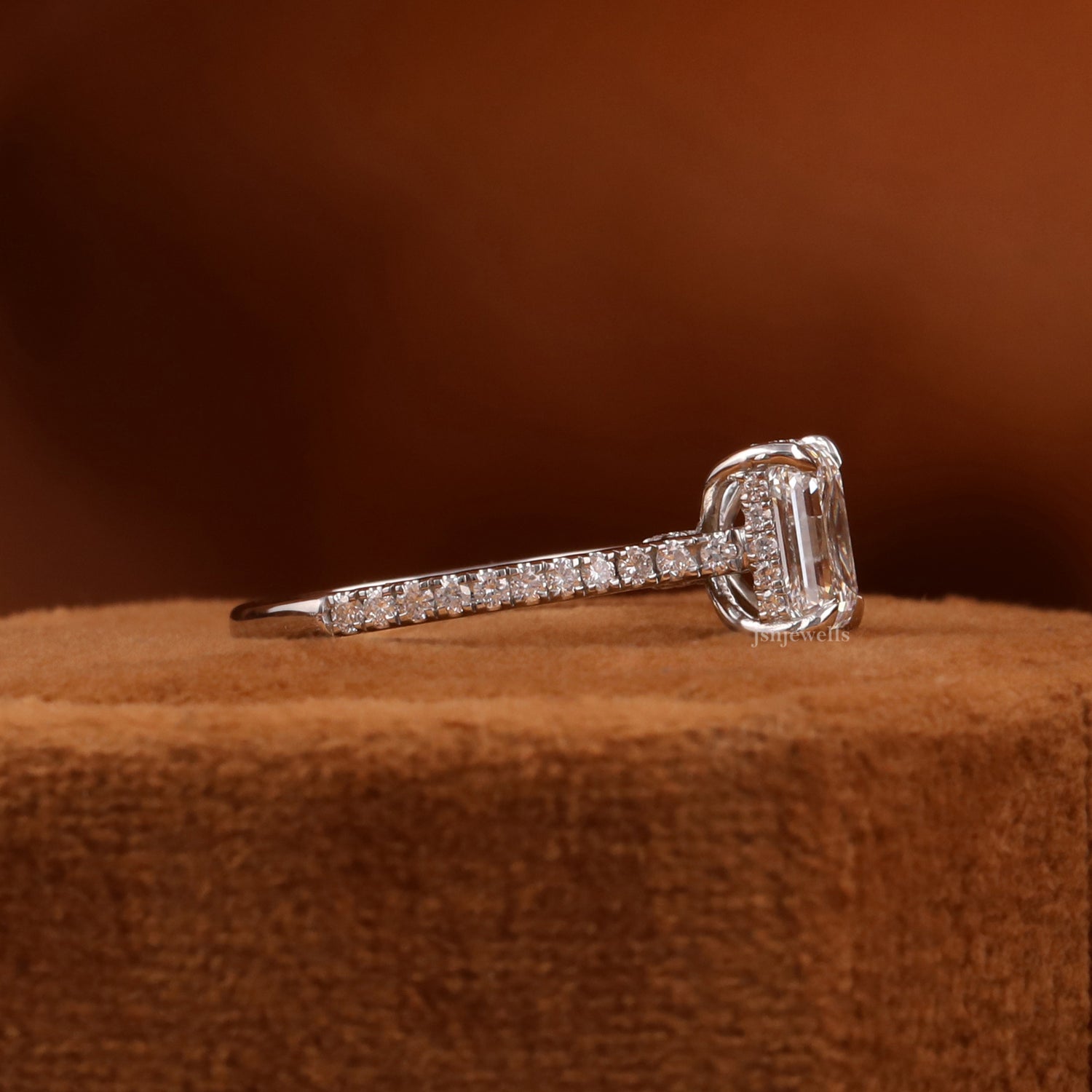 Emerald Cut Lab Grown Diamond Hidden Halo & Pave Engagement Ring