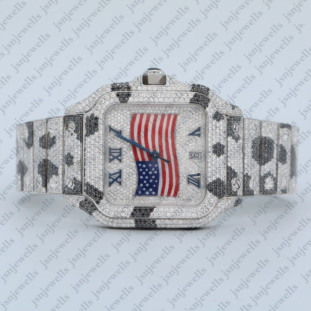 Moissanite Diamond Zebra Print Hip Hop Icy Watch For Men's