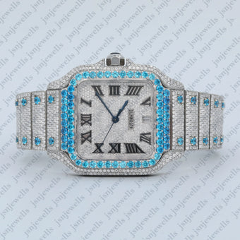 Stylish White-Blue Moissanite Fully Iced Out Watch