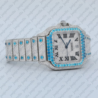 Stylish White-Blue Moissanite Fully Iced Out Watch