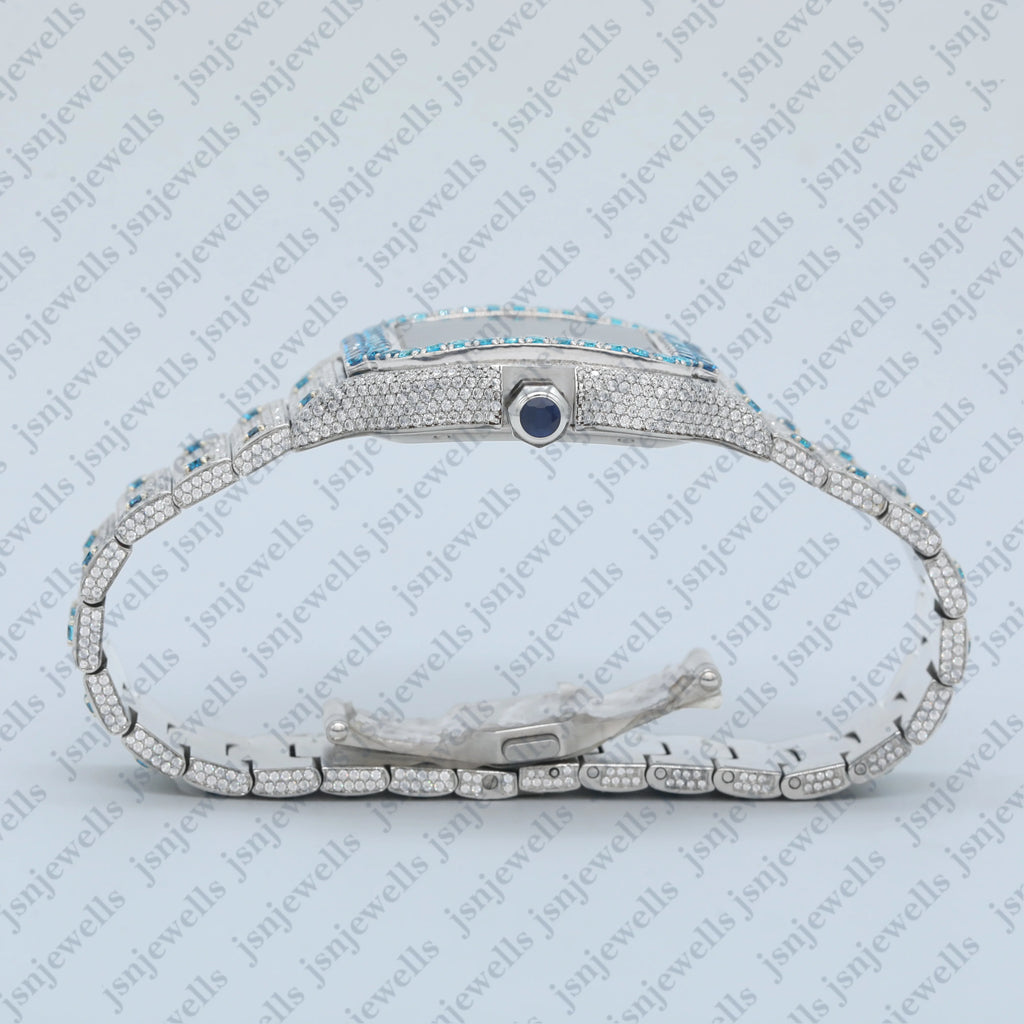 Stylish White-Blue Moissanite Fully Iced Out Watch