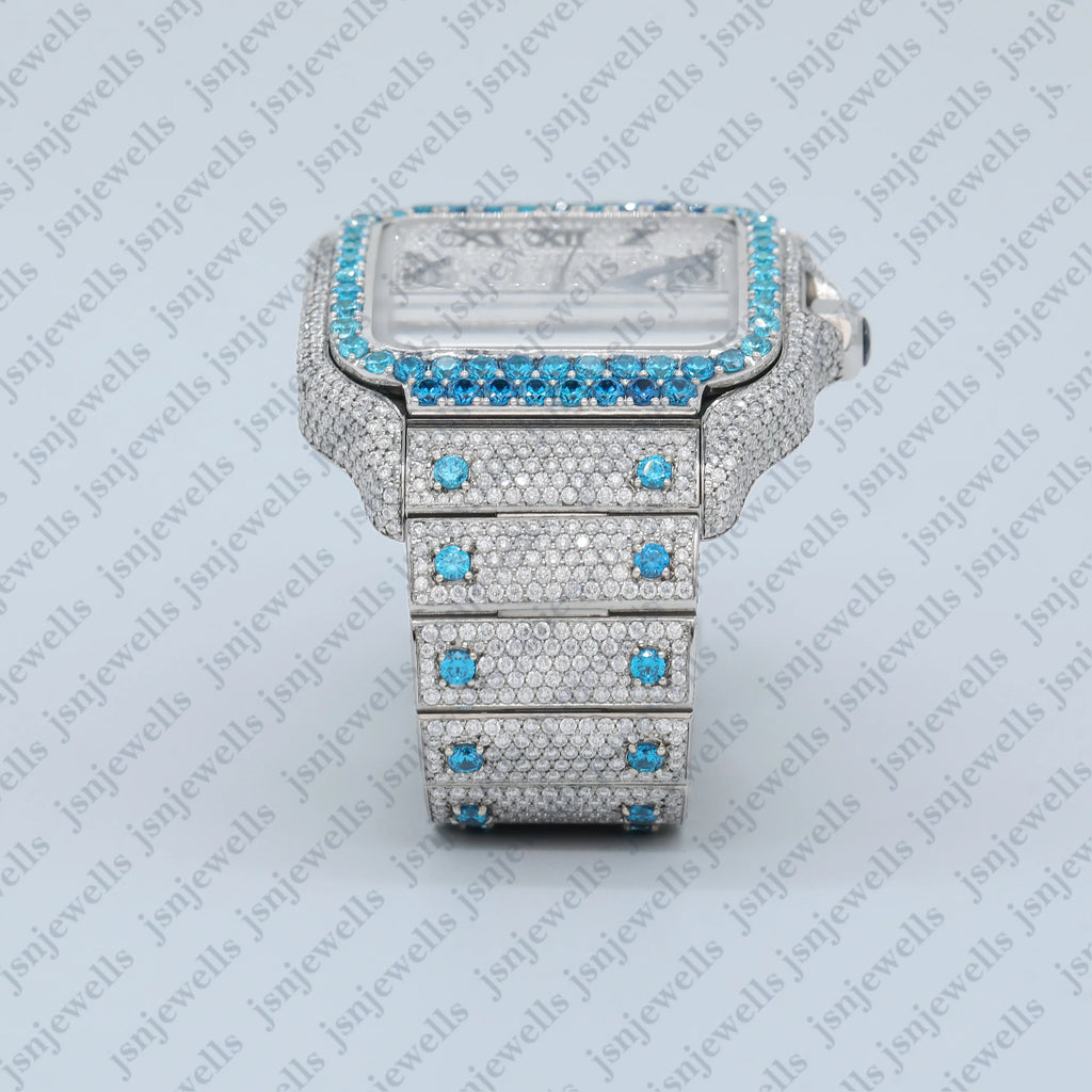 Stylish White-Blue Moissanite Fully Iced Out Watch